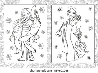 Coloring Girls In Kimano Dress