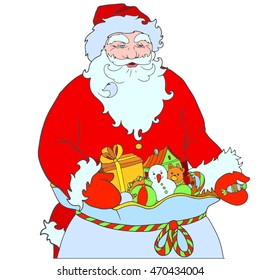 Coloring Grandfather Christmas hand out candy. Santa Claus with a bag of gifts. Hand drawn artwork.