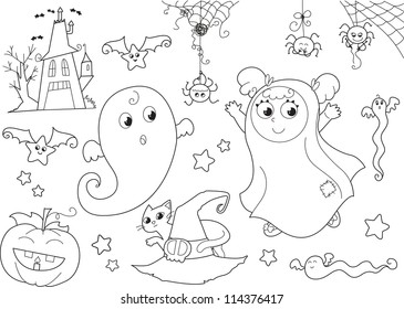 Coloring Halloween set with Cute ghosts, masked girl, creepy house, bats, funny spiders, jack-o-lantern, cat and witch hat.