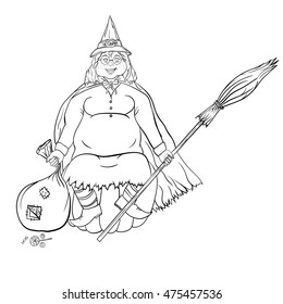 coloring, halloween witch on full pumpkin with broom and sweets, For print on T-shirts, for Halloween cards and banners