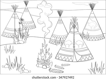 Coloring with halt Indians in prairie