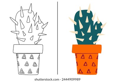 Coloring hand drawn cactus flower in a vase on a white. childrens coloring book