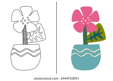 Coloring hand drawn daisy flower in a vase on a white background. childrens coloring book