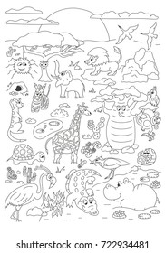 Coloring hand drawn page with cute savannah animals vector