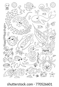 Coloring hand drawn page with cute sea animals vector