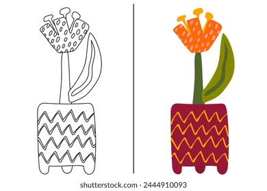 Coloring hand drawn tulip flower in a vase on a white. childrens coloring book