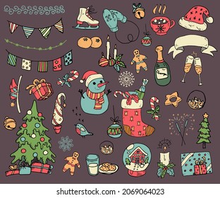 A coloring hand-drawn set of small drawings on the theme of Christmas and new year.