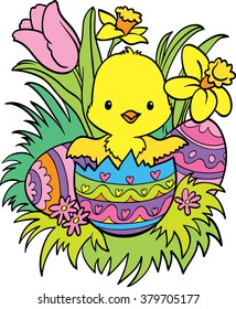 Coloring. Happy Easter. Cartoon chick in an Easter egg. Vector illustration. Cartoon Vector Illustration. Isolated on white background