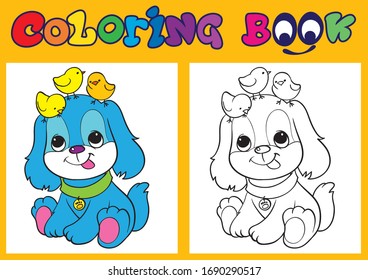 Coloring. Happy Easter. Cartoon Vector Illustration. Puppy and birdies