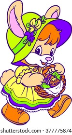Coloring. Happy Easter. Cartoon Vector Illustration. Rabbit  decorated easter eggs. 