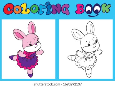 Coloring. Happy Easter. Cute ballerina rabbit. Cartoon Vector Illustration.