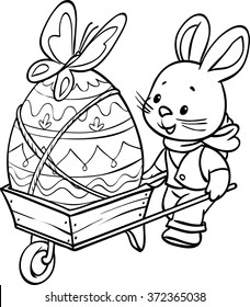Coloring. Happy Easter. Cute Easter bunny, decorated Easter Egg. Vector illustration. Cartoon Vector Illustration. Isolated on white background