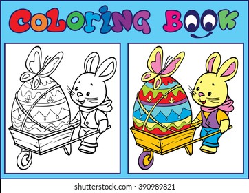 Coloring. Happy Easter. Cute Easter bunny, decorated Easter Egg. Cartoon Vector Illustration.