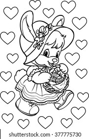 Coloring. Happy Easter. Rabbit  decorated easter eggs. 