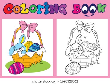 Coloring. Happy Easter. Vector illustration. Cartoon bunny. Easter eggs.