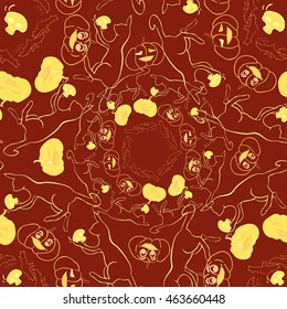 Coloring Happy Halloween seamless pattern on a red background: pumpkin, cat, skull the bat vector illustration