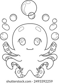 Coloring happy kawaii octopus juggling with bubbles