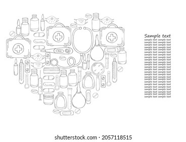 Coloring Heart Collection of vector illustrations, text. Set of doctor's tools in hand draw style. Ambulance doctor tools, medical case, medications