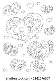 Coloring with hearts. Abstract liner image. Black and white picture for Valentine's Day.
