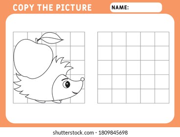 Coloring  Hedgehog. Educational Game for Kids. Copy the picture.  Illustration and vector outline - A4 paper ready to print.