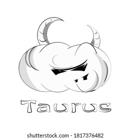 Coloring. Icon. Cartoon zodiac sign Taurus. Monochrome vector illustration isolated on white background. Lettering of the word "Taurus".