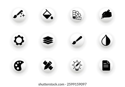 Coloring icon. Set of solid vector icons of color bucket, brush, palette, pen, layer.