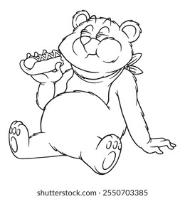 coloring illustration of bear eating hotdog