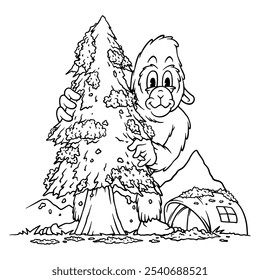 coloring illustration of big monkey peeping behind a tree