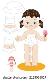 Coloring illustration with a black and white summer paper doll to cut out with beach dresses