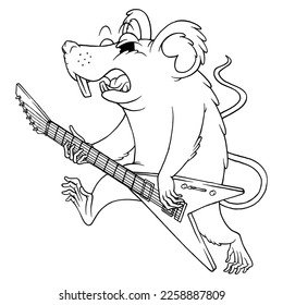 coloring illustration of cartoon blue rat guitarist 