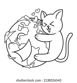 Coloring illustration of cartoon cat hugging the earth