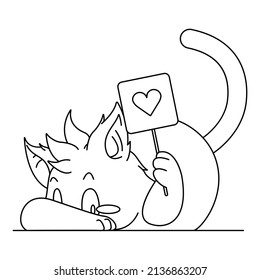 Coloring illustration of cartoon cat showing a love sign
