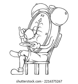 coloring illustration of cartoon clock mascot drinking coffee