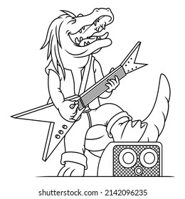 Coloring illustration of cartoon crocodile playing an electric guitar