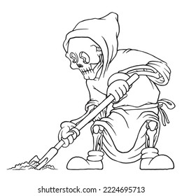 coloring illustration of cartoon digging skull mascot