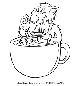 Coloring illustration of cartoon dog drinking inside the cup mascot