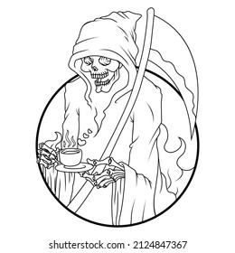 Coloring illustration of cartoon grim reaper holding a coffee cup