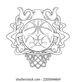 Coloring illustration of cartoon grumpy basketball mascot