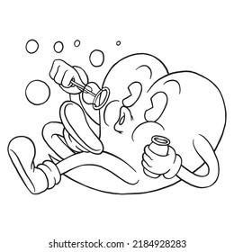 Coloring illustration of cartoon heart playing soap bubble