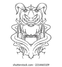 coloring illustration of cartoon jack o lantern girl