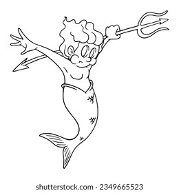 coloring illustration of cartoon mermaid with spear