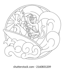Coloring illustration of cartoon monkey doing surfing