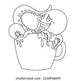 Coloring illustration of cartoon octopus soaked in coffee mug