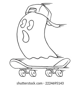 coloring illustration of cartoon skater ghost mascot