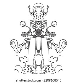 Coloring illustration of cartoon skeleton riding a scooter