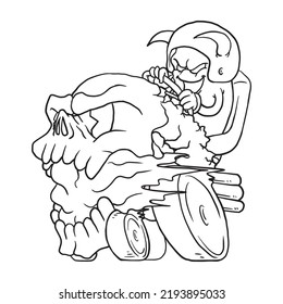 Coloring illustration of cartoon skull car mascot
