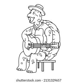 Coloring illustration of cartoon turtle playing an acoustic guitar