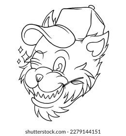 coloring illustration of cartoon winking cat head 