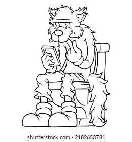 coloring illustration of cartoon wolf sitting on the toilet