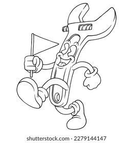 coloring illustration of cartoon wrench mascot holding a flag